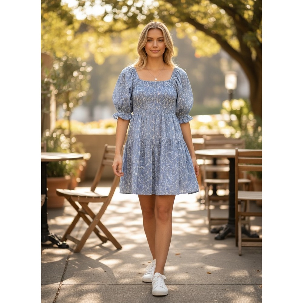 Fit & Flare Dress Womens XL Blue Embroidered Puff Sleeve Cottagecore Vacation